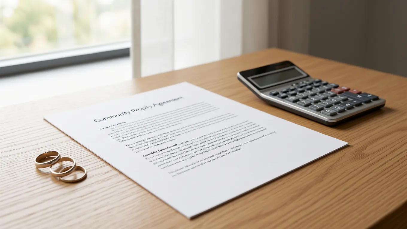 Legal community property documents with wedding rings and a calculator