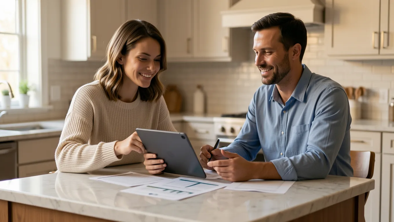 Couple reviewing personal loan documents on a tablet in a kitchen