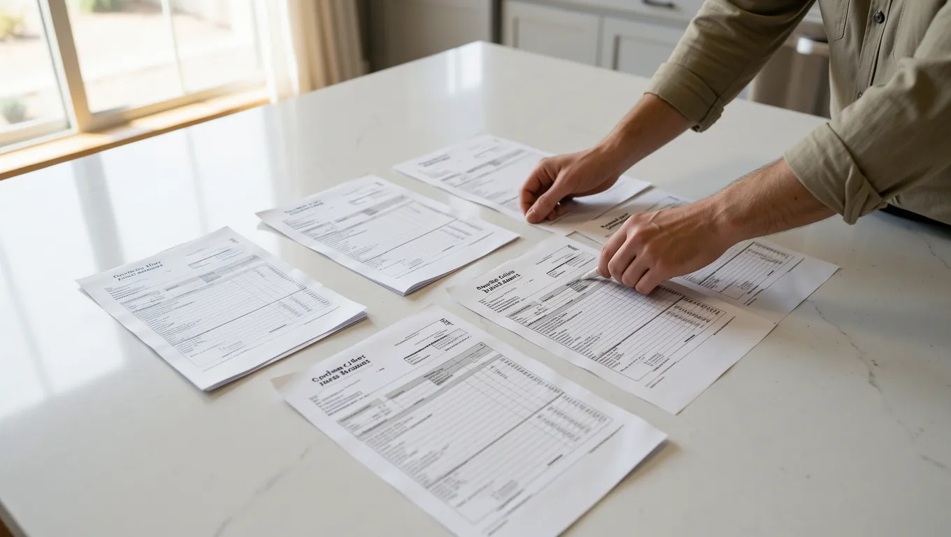 Person reviewing medical invoices and financial documents at home