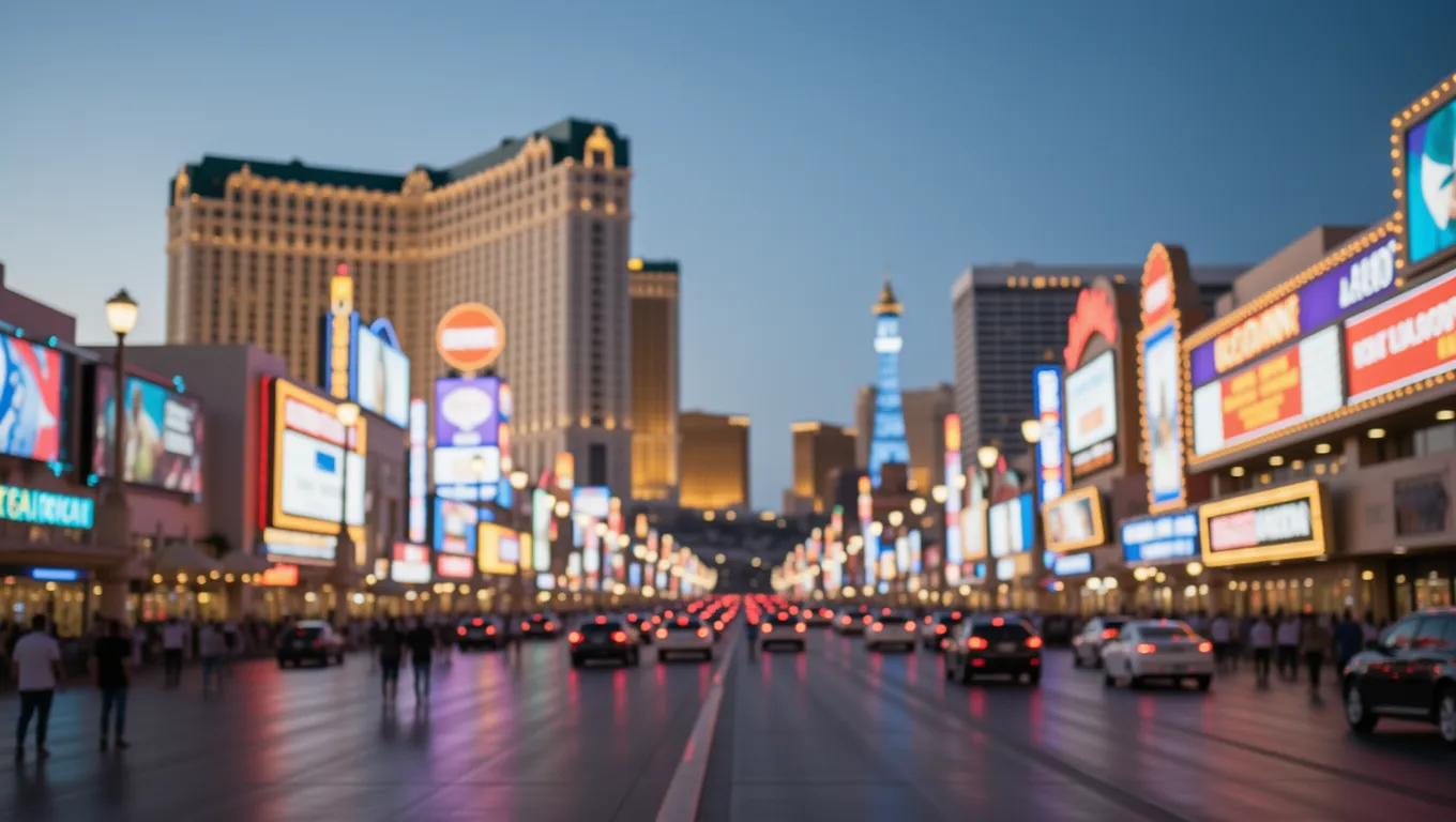 Las Vegas strip skyline at twilight with neon reflections