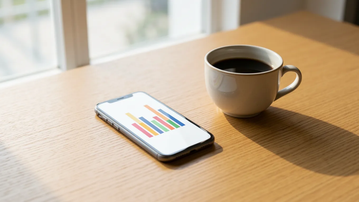 Smartphone displaying financial growth charts on a desk