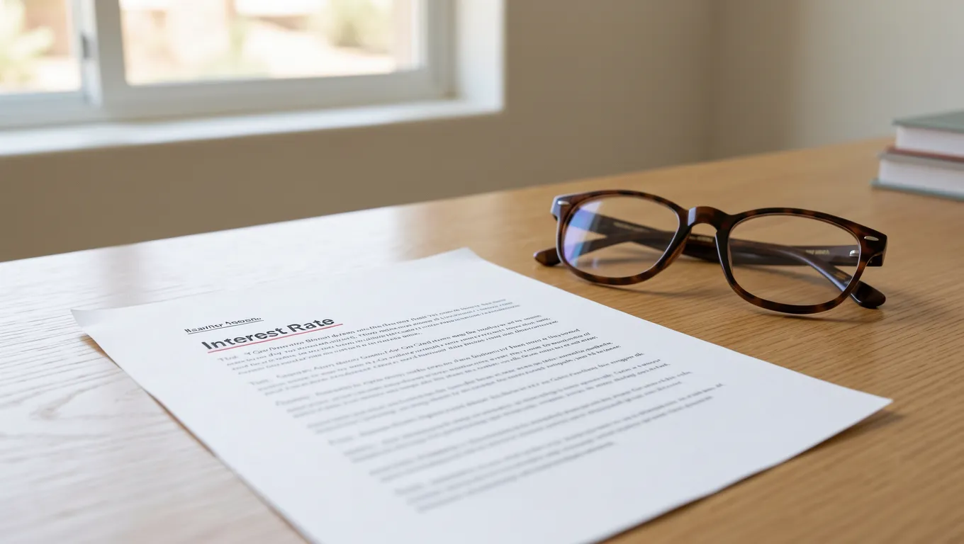 Legal documents and reading glasses highlighting interest rate terms