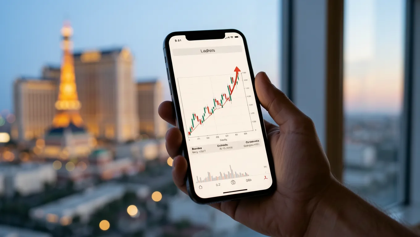 Hand holding phone displaying rising interest rate financial graphs
