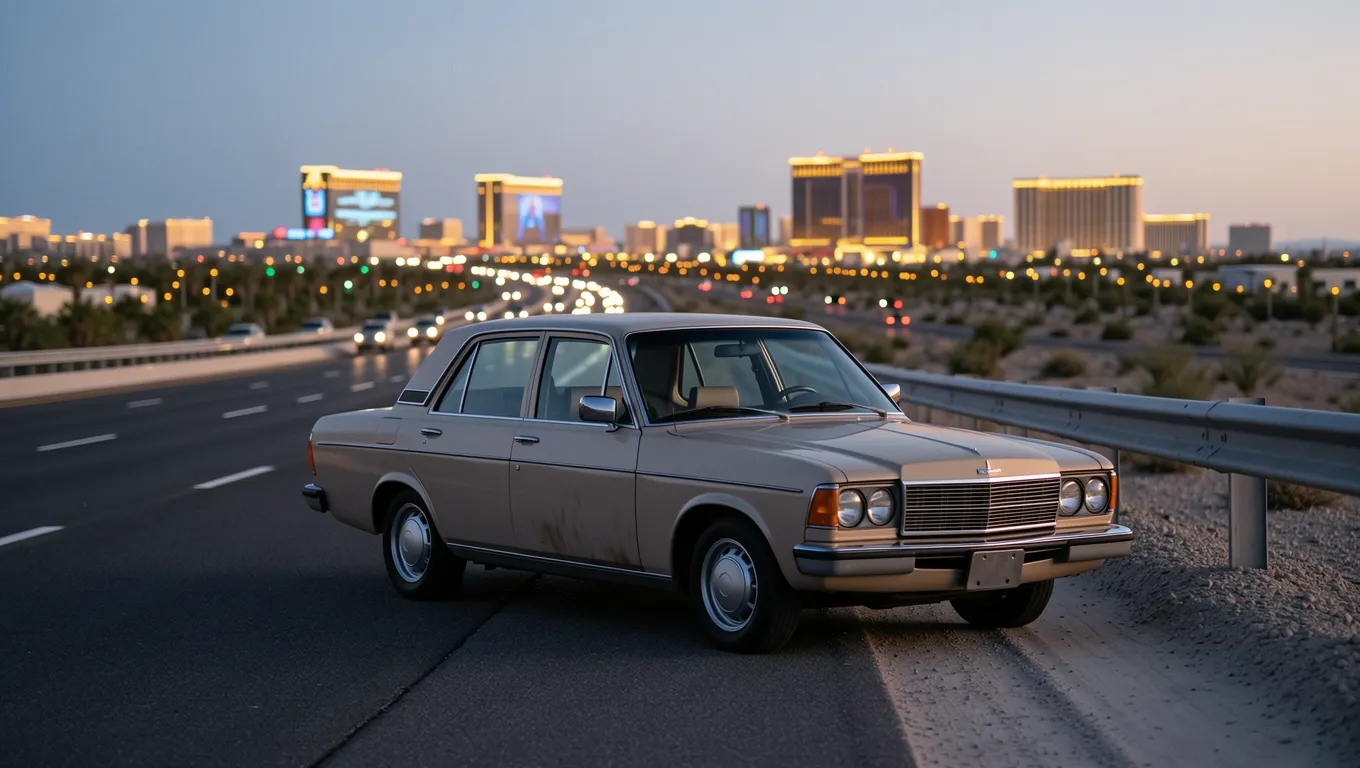 A car broken down on a desert highway near Las Vegas at sunset