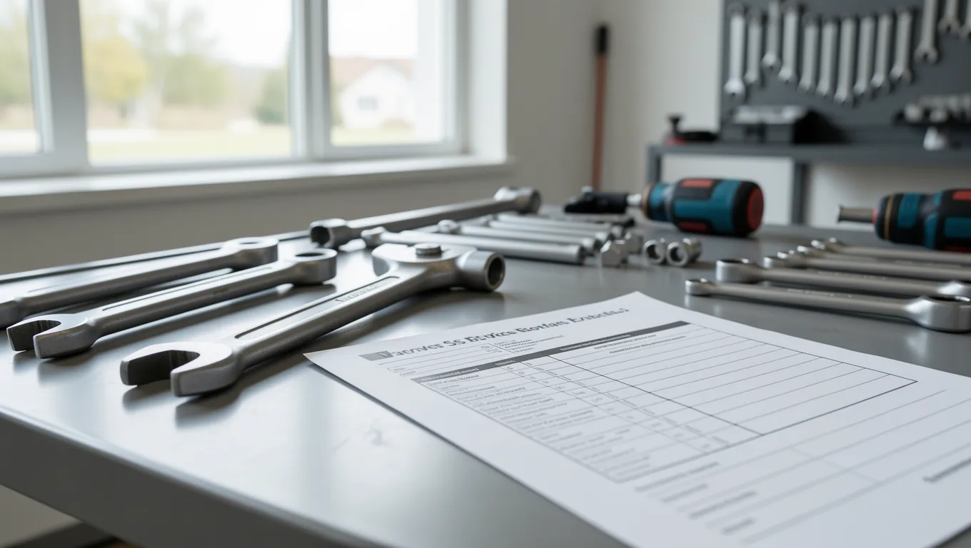 Automotive mechanic tools and a service invoice on a workshop bench