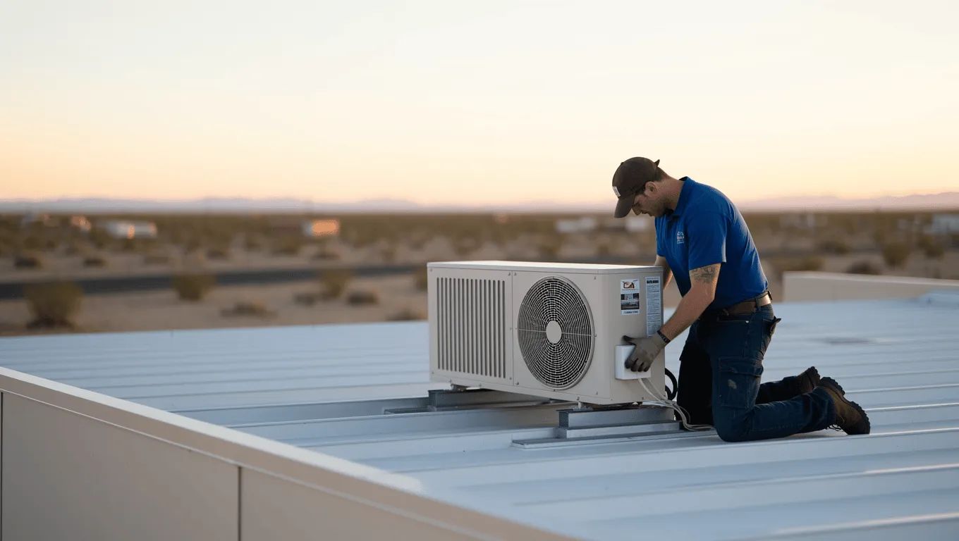Nevada couple discussing AC financing options with a loan specialist.
