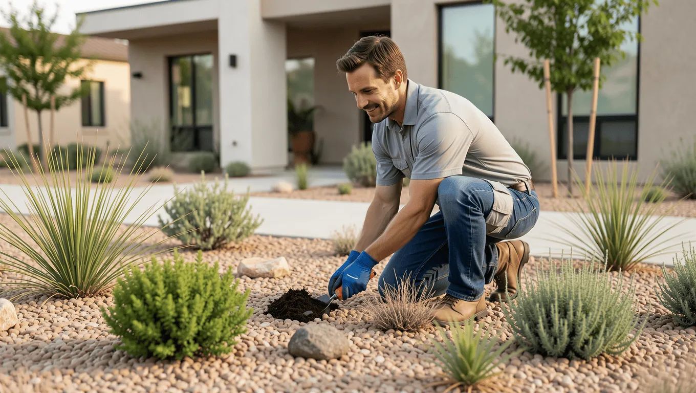 Nevada homeowners planning their landscaping project with loan documents.