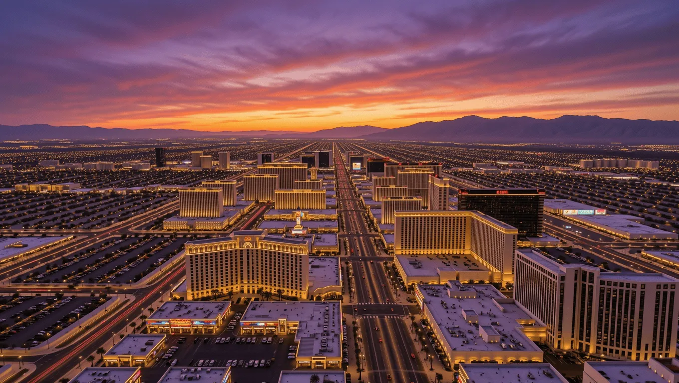 Las Vegas Nevada skyline at sunset showing the metropolitan area surrounded by desert mountains