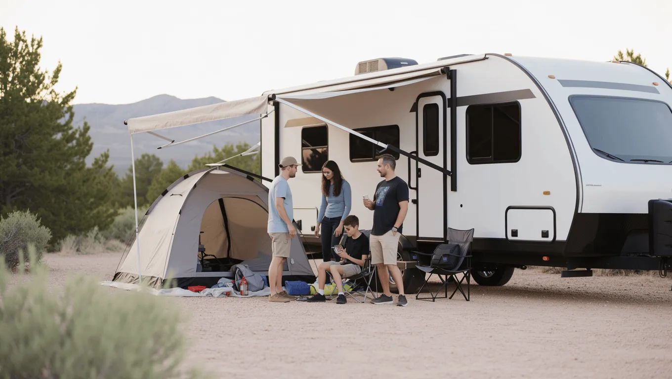 Family happily planning their RV adventure in Nevada for 2026