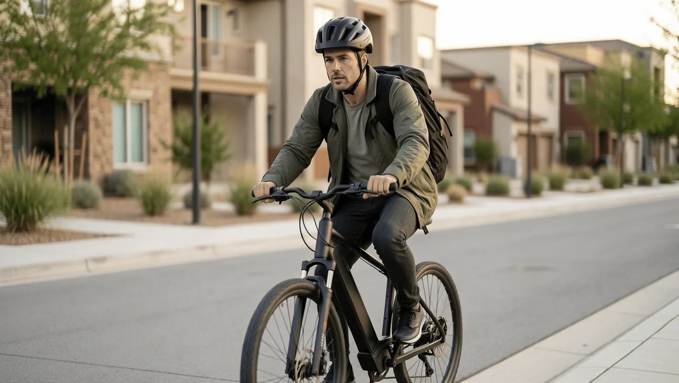 Woman happily riding an e-bike in Nevada after securing financing.